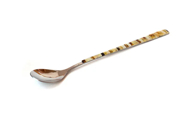 Long Dessert Metal Spoon Decorated Amber Isolated White Background — Stock Photo, Image