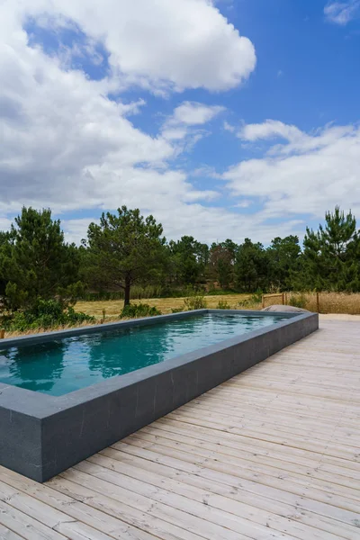 Bahçe havuzu ve ahşap güvertesi olan modern bir ev.