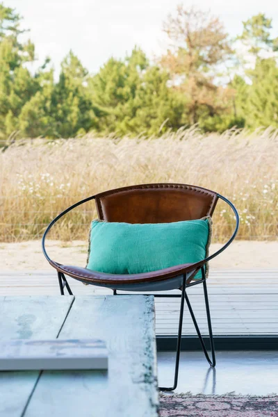 Bahçe havuzu ve ahşap güvertesi olan modern bir ev.