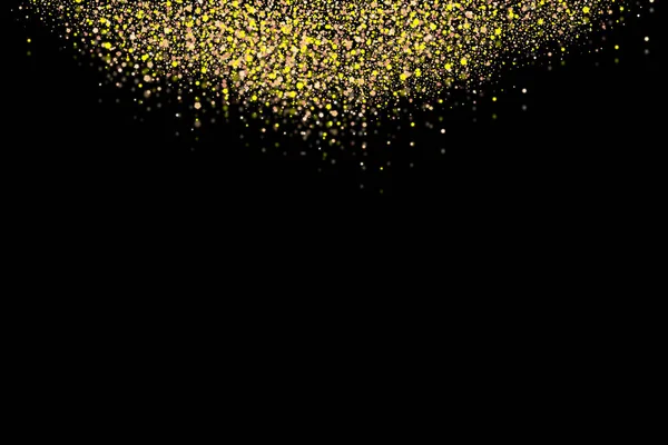 Gold glitter rain isolated on black background. Festive overlay texture for congratulation. Golden confetti explosion, illustration