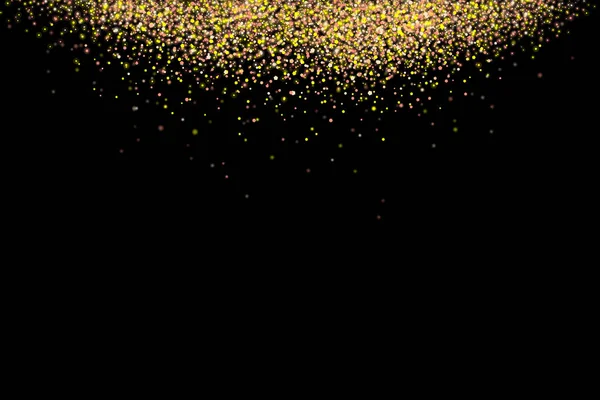 Gold glitter rain isolated on black background. Festive overlay texture for congratulation. Golden confetti explosion, illustration