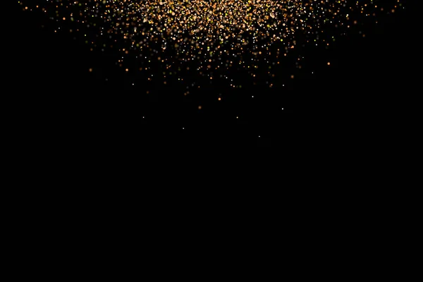 Gold glitter rain isolated on black background. Festive overlay texture for congratulation. Golden confetti explosion, illustration