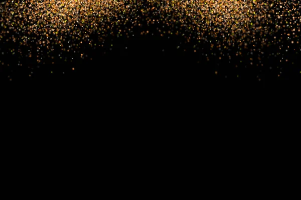 ゴールドラメ雨黒の背景に分離されました お祝いのお祝いオーバーレイ テクスチャー 金色の紙吹雪爆発の図 — ストック写真