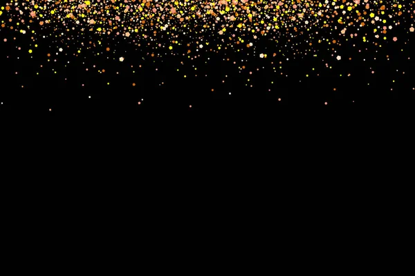 Gold glitter rain isolated on black background. Festive overlay texture for congratulation. Golden confetti explosion, illustration