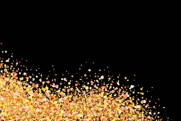 Gold glitter explosion. Splashes of golden particles. Abstract grainy texture isolated on black background, gift card or design element