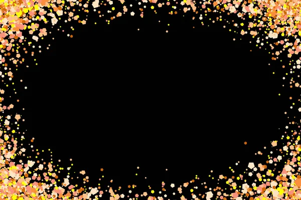 Gold glitter rain isolated on black background. Festive overlay texture for congratulation. Golden confetti explosion, illustration