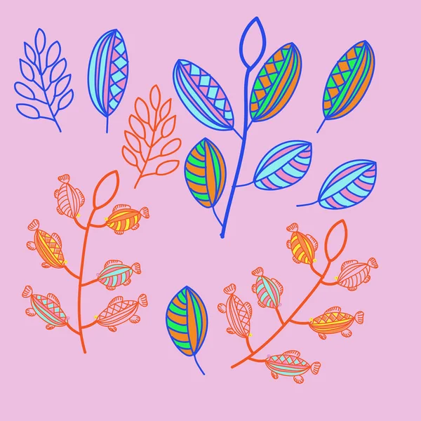 Seamless pattern of abstract fishes on branches with leaves