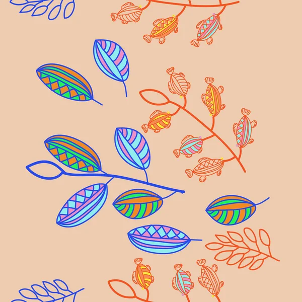Seamless pattern of abstract fishes on branches with leaves