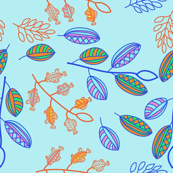 Seamless pattern of abstract fishes on branches with leaves