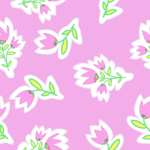 花卉图案 树叶和郁金香的无缝图案 — 图库矢量图片