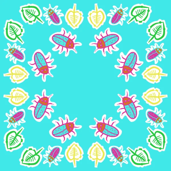 Motif Coloré Avec Coléoptères Drôles Feuilles — Image vectorielle