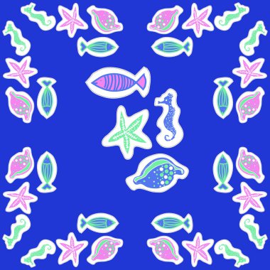 vektör illüstrasyon deniz atları, deniz kabukları ve deniz yıldızları 