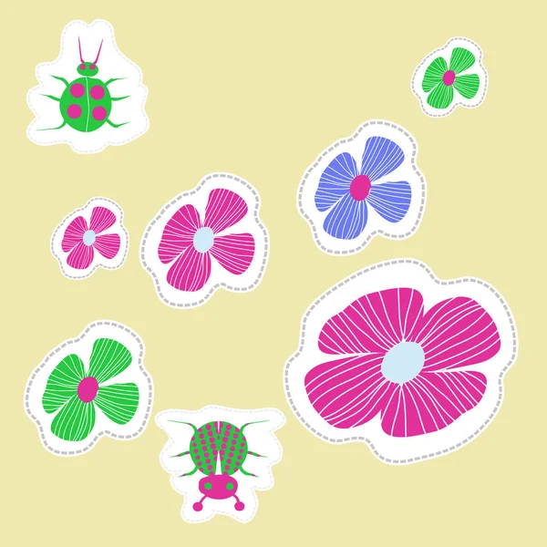 Nahtlose Muster Aus Abstrakten Bunten Blumen Und Käfern — Stockvektor