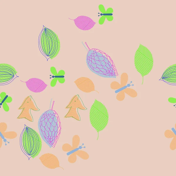 抽象的な単純な葉と蝶のシームレスなパターン — ストックベクタ