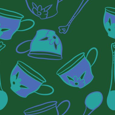 Soyut renkli çay bardakları ve kaşıklar Dikişsiz desen