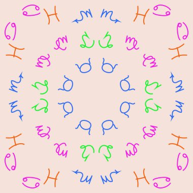 Zodiac Signs ile Dikişsiz desen. El çekilmiş. Vektör Illustration
