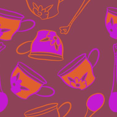 Soyut renkli çay bardakları ve kaşıklar Dikişsiz desen