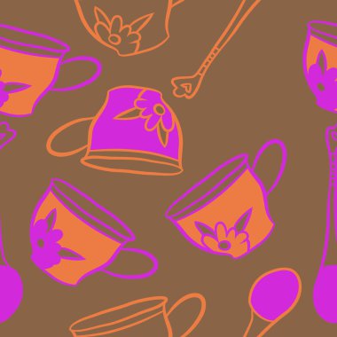 Soyut renkli çay bardakları ve kaşıklar Dikişsiz desen