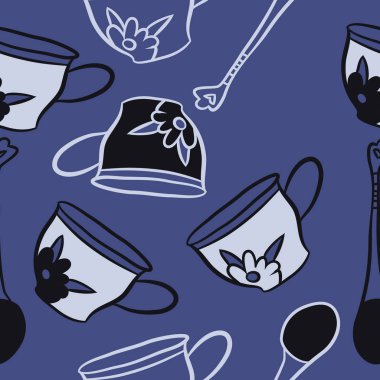 Soyut renkli çay bardakları ve kaşıklar Dikişsiz desen