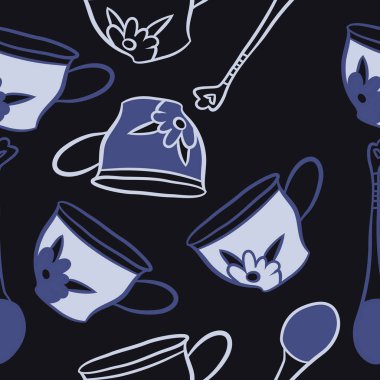 Soyut renkli çay bardakları ve kaşıklar Dikişsiz desen