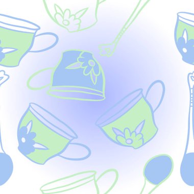 Soyut renkli çay bardakları ve kaşıklar Dikişsiz desen