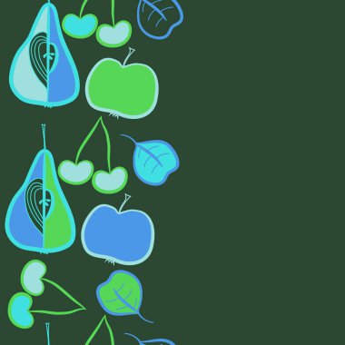 Dikey motif, doodle, meyve, kiraz, armut, yaprak, tahıl, elma, dikişsiz, kopya alanı. Vektör çizimi