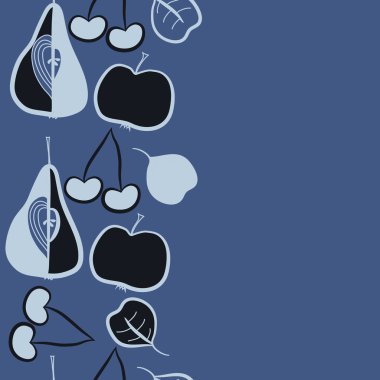 Dikey motif, doodle, meyve, kiraz, armut, yaprak, tahıl, elma, dikişsiz, kopya alanı. Vektör çizimi