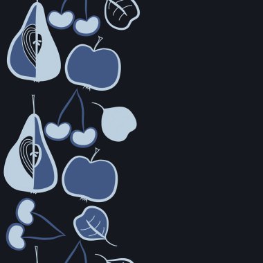 Dikey motif, doodle, meyve, kiraz, armut, yaprak, tahıl, elma, dikişsiz, kopya alanı. Vektör çizimi