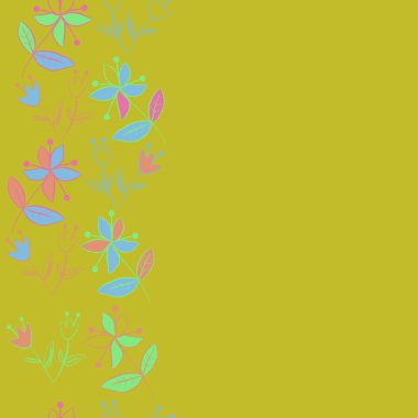 Dikey çiçek motifi, karalamalar, yapraklar, dallar, çiçekler, stamens, kopya alanı ile Dikişsiz desen. Vektör çizimi