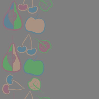 Dikey motif, doodle, meyve, kiraz, armut, yaprak, tahıl, elma, dikişsiz, kopya alanı. Vektör çizimi