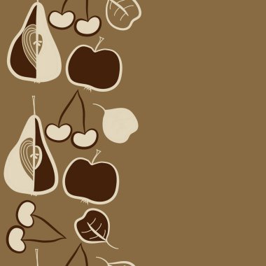 Dikey motif, doodle, meyve, kiraz, armut, yaprak, tahıl, elma, dikişsiz, kopya alanı. Vektör çizimi