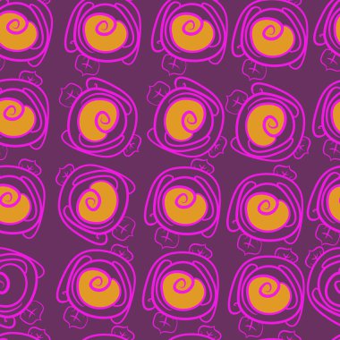 çiçek motifi, stilize pembe, spiraller, yapraklar, şeritler, noktalar, delik, kopya alanı dikişsiz desen.