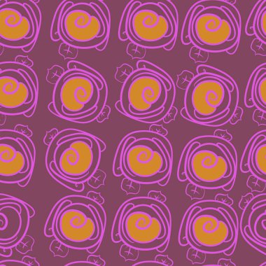 çiçek motifi, stilize pembe, spiraller, yapraklar, şeritler, noktalar, delik, kopya alanı dikişsiz desen.