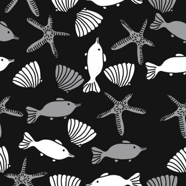 Balık, kabuk ve denizyıldızının dikişsiz deseni