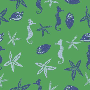 Deniz teması ile soyut desen - denizatları ve yıldızlar, vektör illüstrasyon