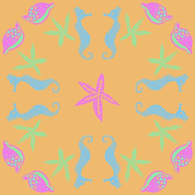 Deniz teması ile soyut desen - denizatları ve yıldızlar, vektör illüstrasyon