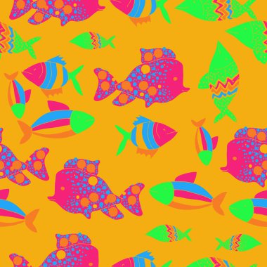 Farklı balıklar ile dikişsiz desen, vektör illüstrasyon
