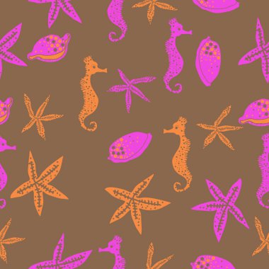 Deniz teması ile soyut desen - denizatları ve yıldızlar, vektör illüstrasyon