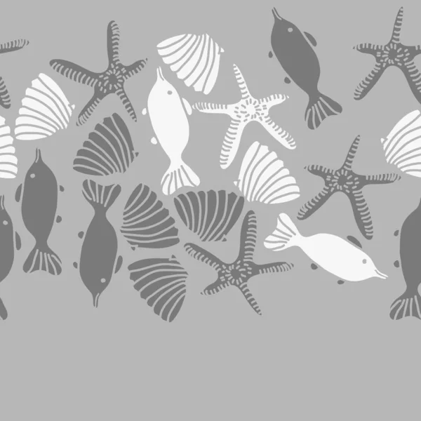 Nahtloses Muster Von Fischen Muscheln Und Seesternen — Stockvektor
