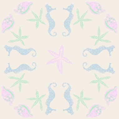 Deniz teması ile soyut desen - denizatları ve yıldızlar, vektör illüstrasyon