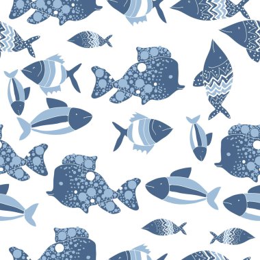Farklı balıklar ile dikişsiz desen, vektör illüstrasyon