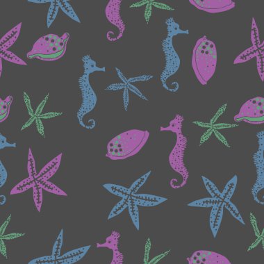 Deniz teması ile soyut desen - denizatları ve yıldızlar, vektör illüstrasyon