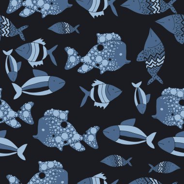 Farklı balıklar ile dikişsiz desen, vektör illüstrasyon