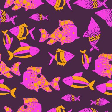 Farklı balıklar ile dikişsiz desen, vektör illüstrasyon