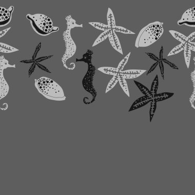Deniz teması ile soyut desen - denizatları ve yıldızlar, vektör illüstrasyon