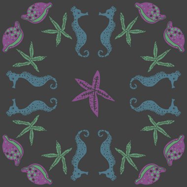 Deniz teması ile soyut desen - denizatları ve yıldızlar, vektör illüstrasyon