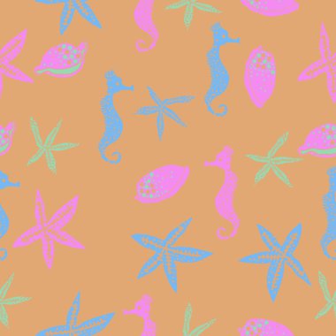 Deniz teması ile soyut desen - denizatları ve yıldızlar, vektör illüstrasyon