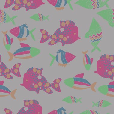 Farklı balıklar ile dikişsiz desen, vektör illüstrasyon