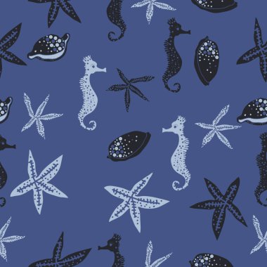 Deniz teması ile soyut desen - denizatları ve yıldızlar, vektör illüstrasyon