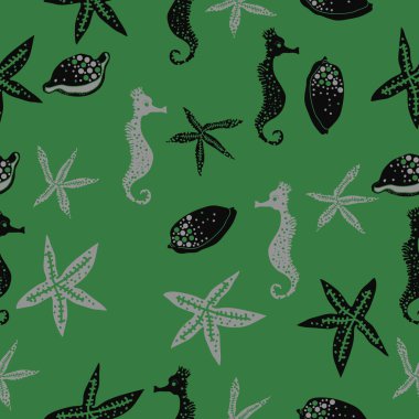 Deniz teması ile soyut desen - denizatları ve yıldızlar, vektör illüstrasyon